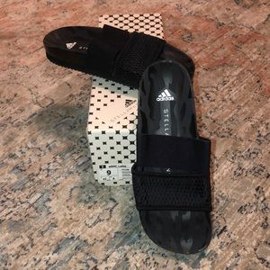 Adidas Stella McCartney black leopard slides